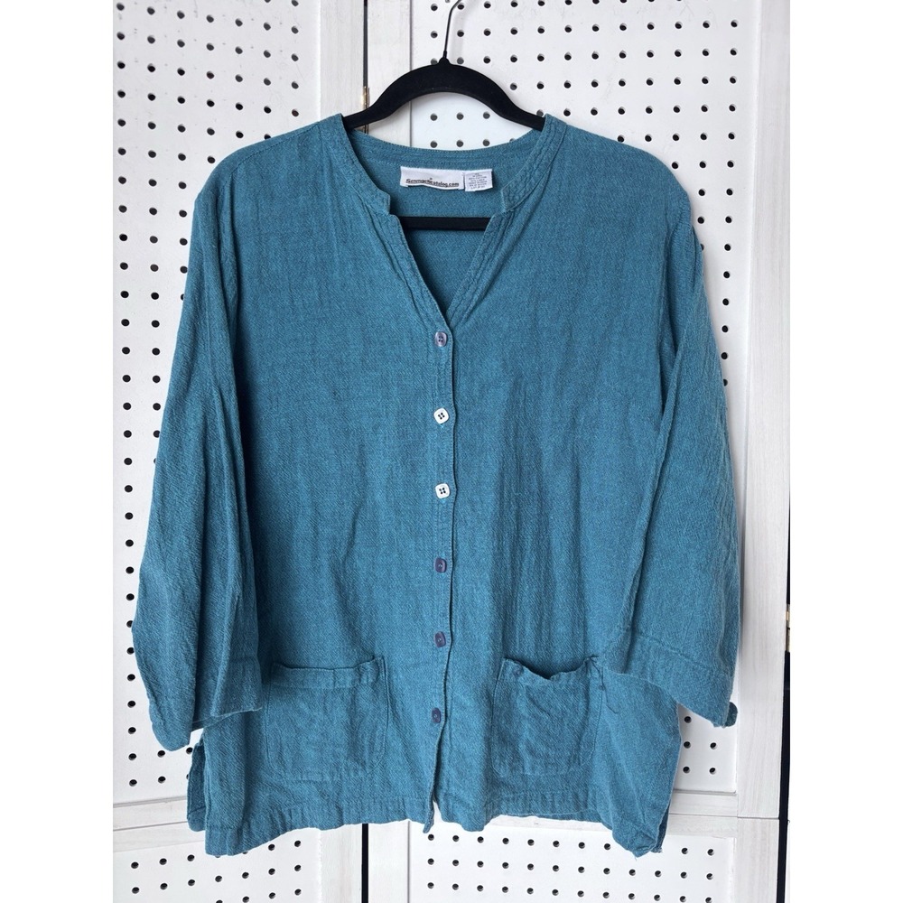 Serengeti Women's XL‎ (LG) Teal Button Down Cotton Linen 3/4 SLV Shirt Lagenlook